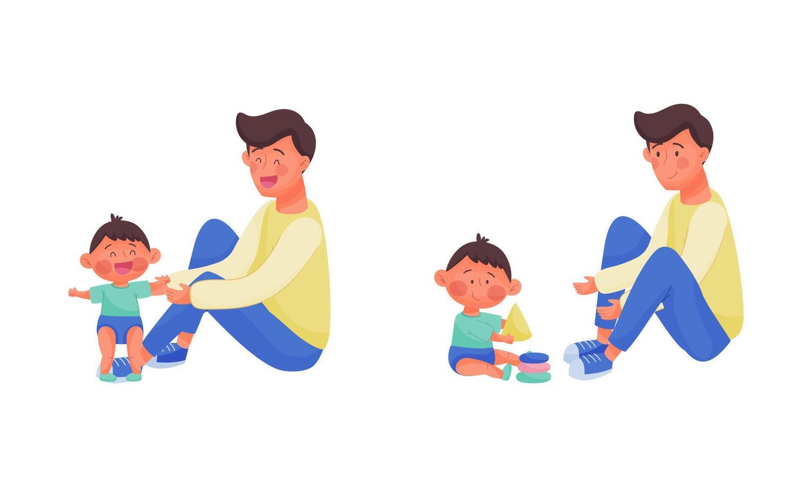 Daddy caring for his baby set. Father playing and having fun with his toddler son illustration vector