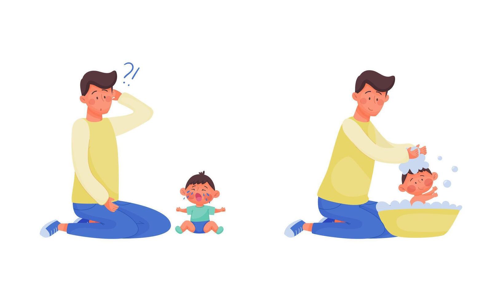 Daddy caring for his little son set. Father soothing and playing with the baby illustration vector