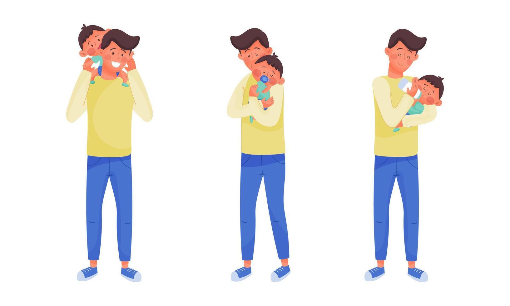 Daddy caring for his little son set. Father hugging and playing with toddler baby illustration vector