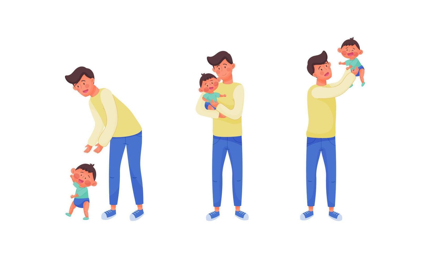 Daddy caring for his little son set. Father hugging and holding toddler baby illustration vector