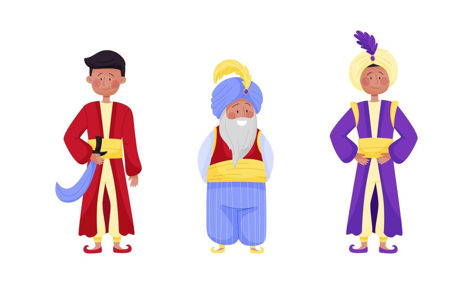 Arabian Fairy Tale Character with Arab Man Dressed in Fancy Apparel Set vector
