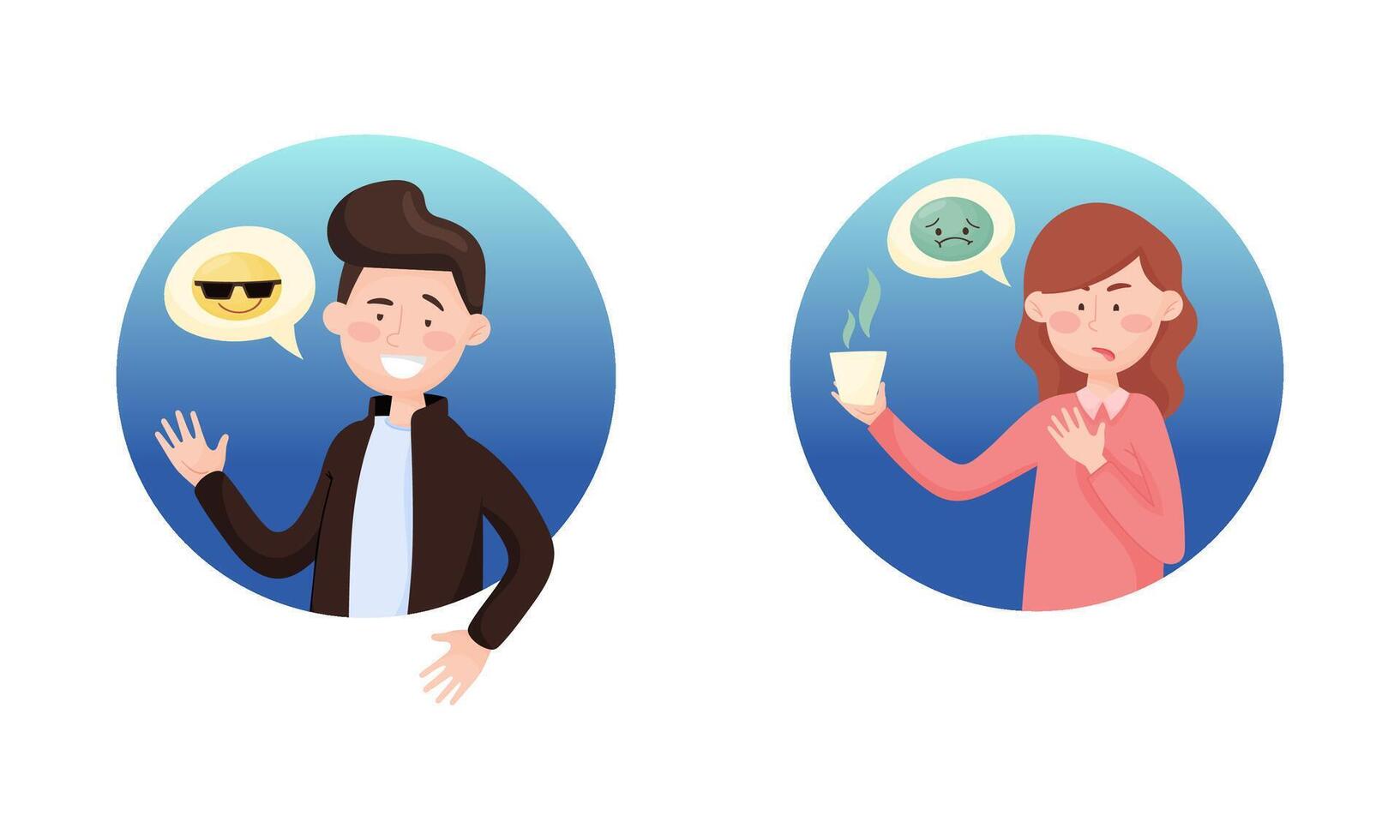 Young Man and Woman Depicting Emoticon in Blue Circle Set vector