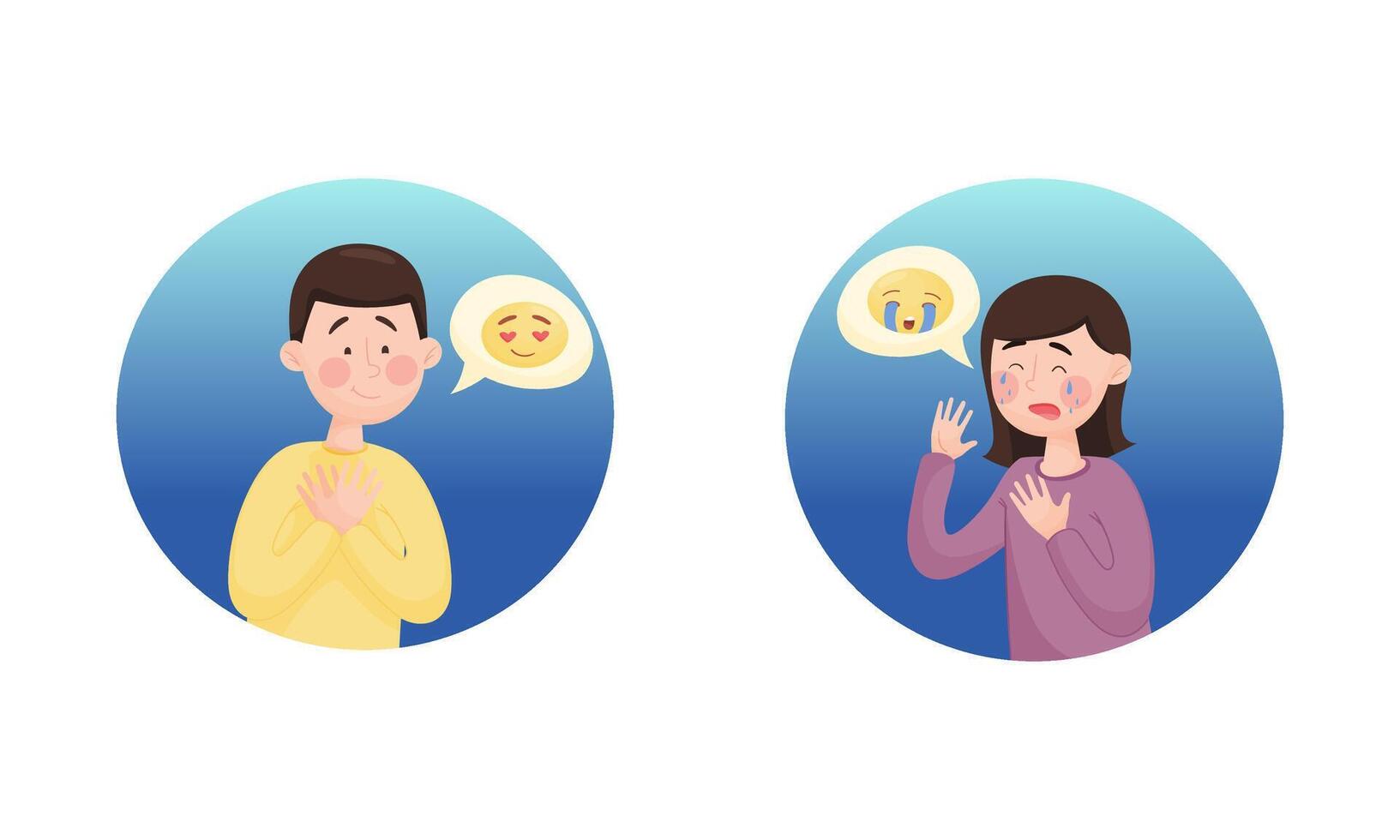 Young Man and Woman Flushed with Love and Crying Depicting Emoticon in Blue Circle Set vector
