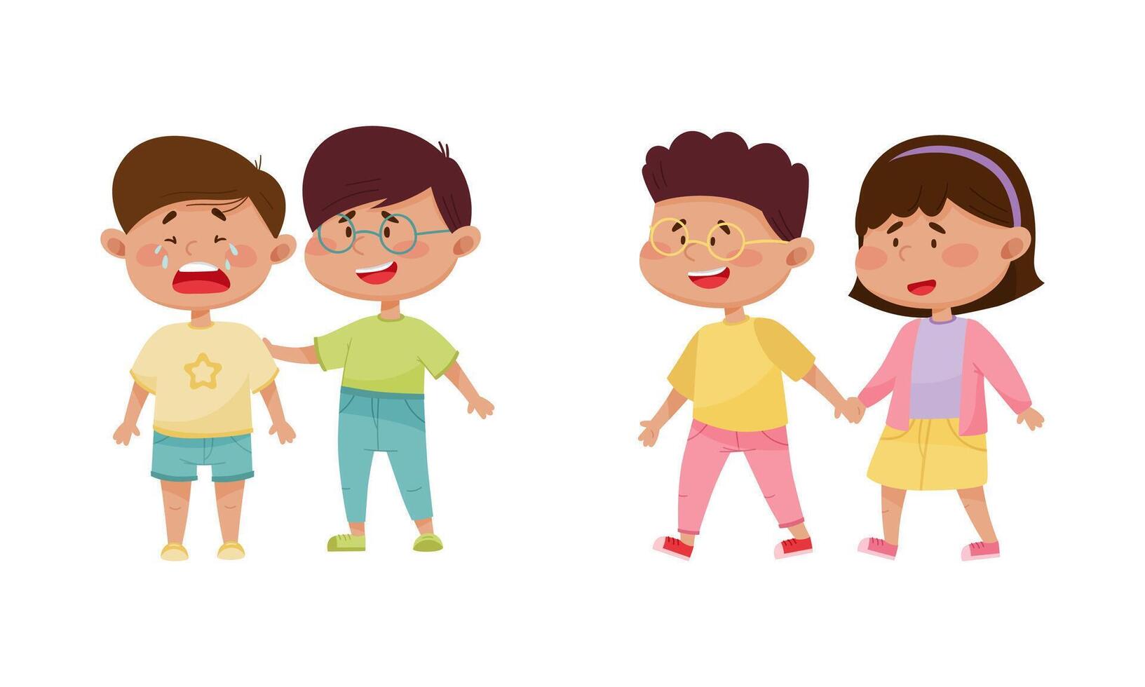 Friendly Little Kids Holding Hands and Soothing Crying Agemate Set vector