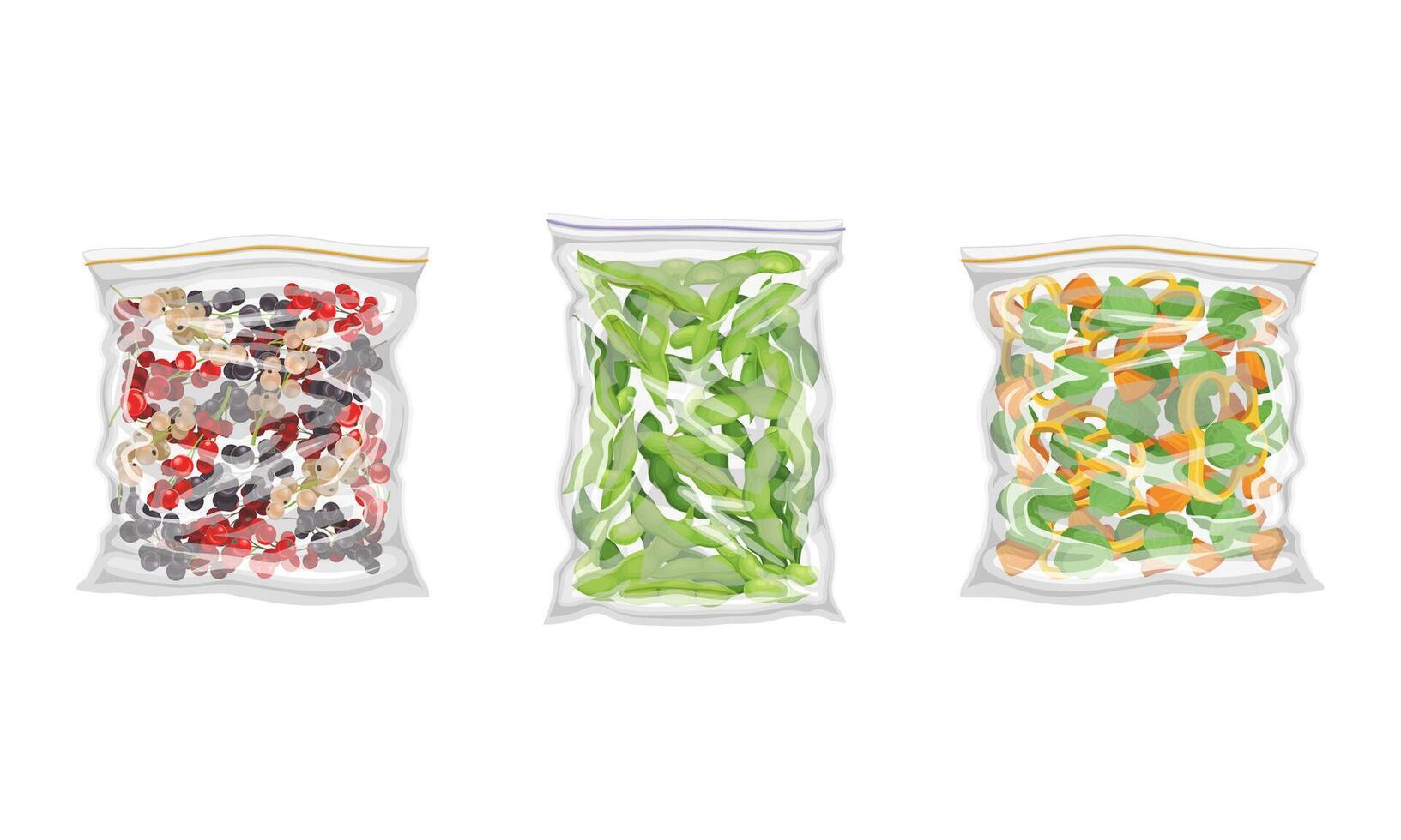 Frozen Green Pea Pod and Berry Prepackaged and Ready to Culinary Use Set vector