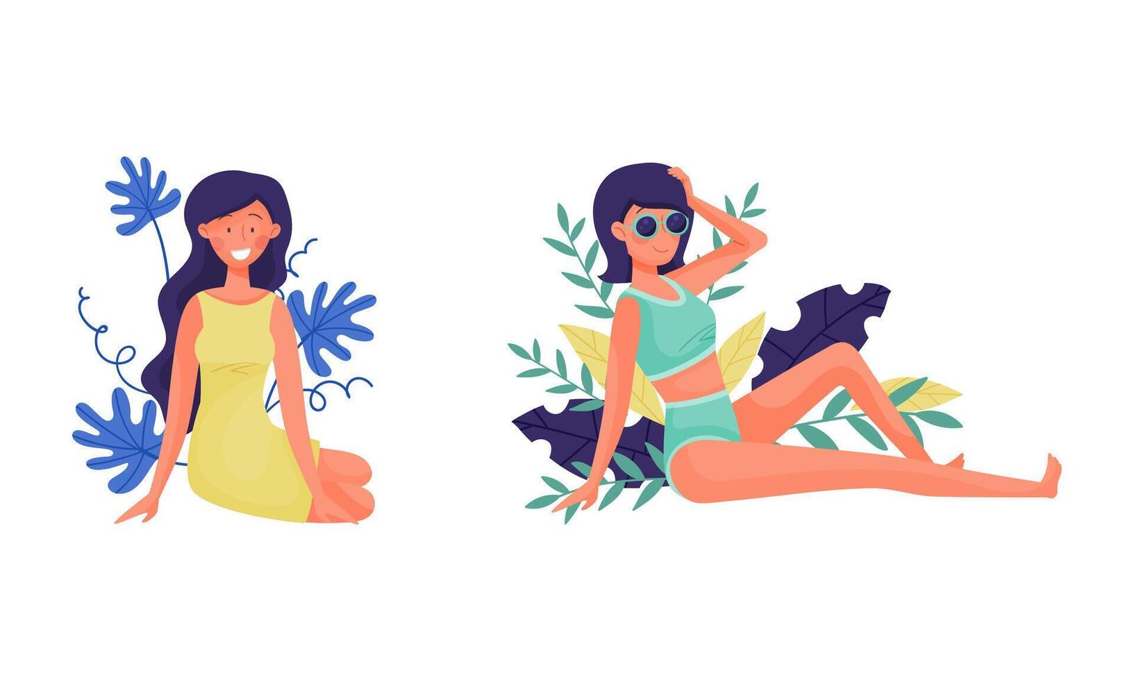 Young Woman in Swimsuit Sunbathing on Beach and Sitting in Foliage Set vector
