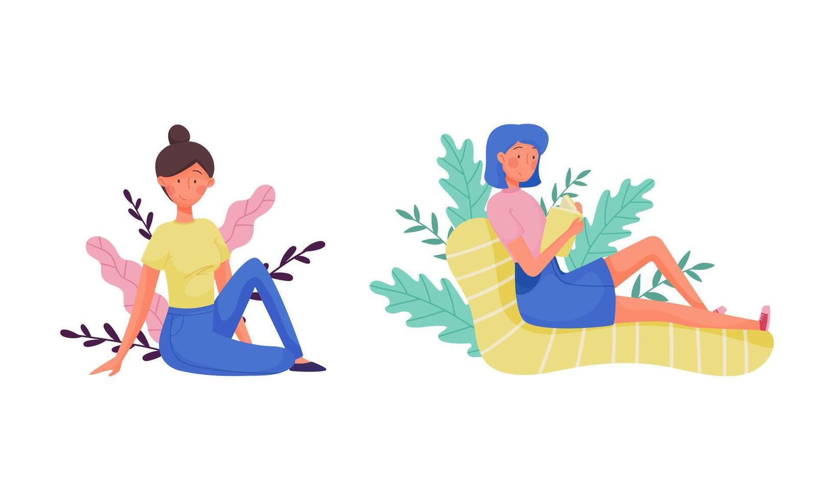 Young Woman Sitting in Foliage and Reading Book Set vector
