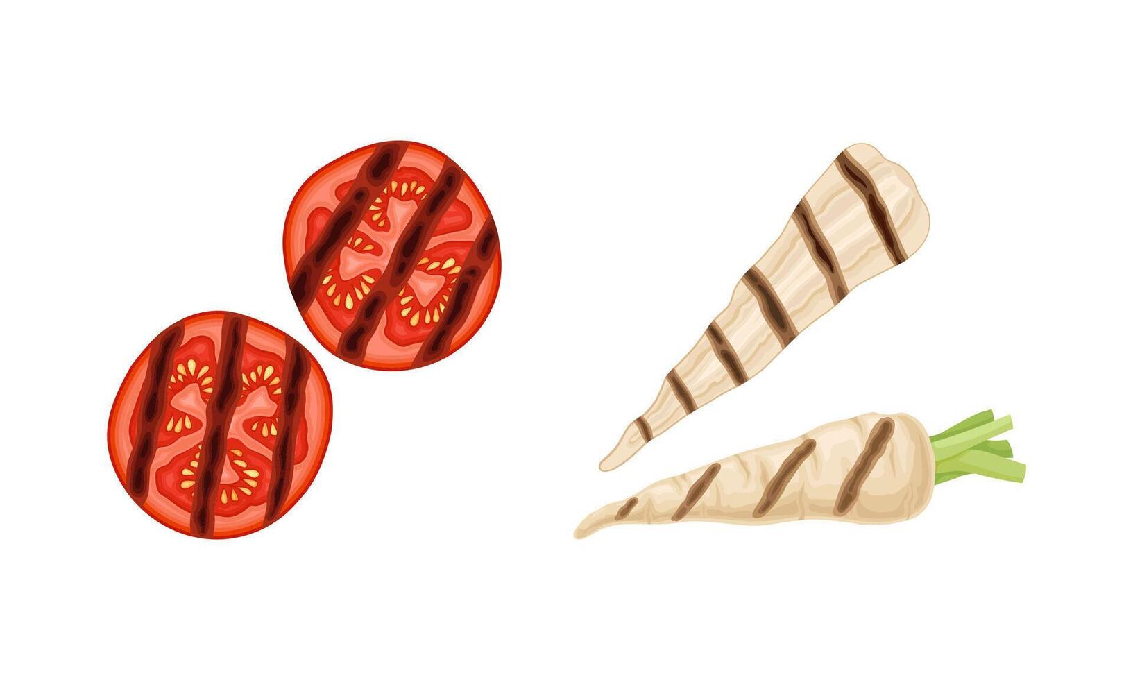 Grilled Tomato and Parsnip as Cooked Food Set vector