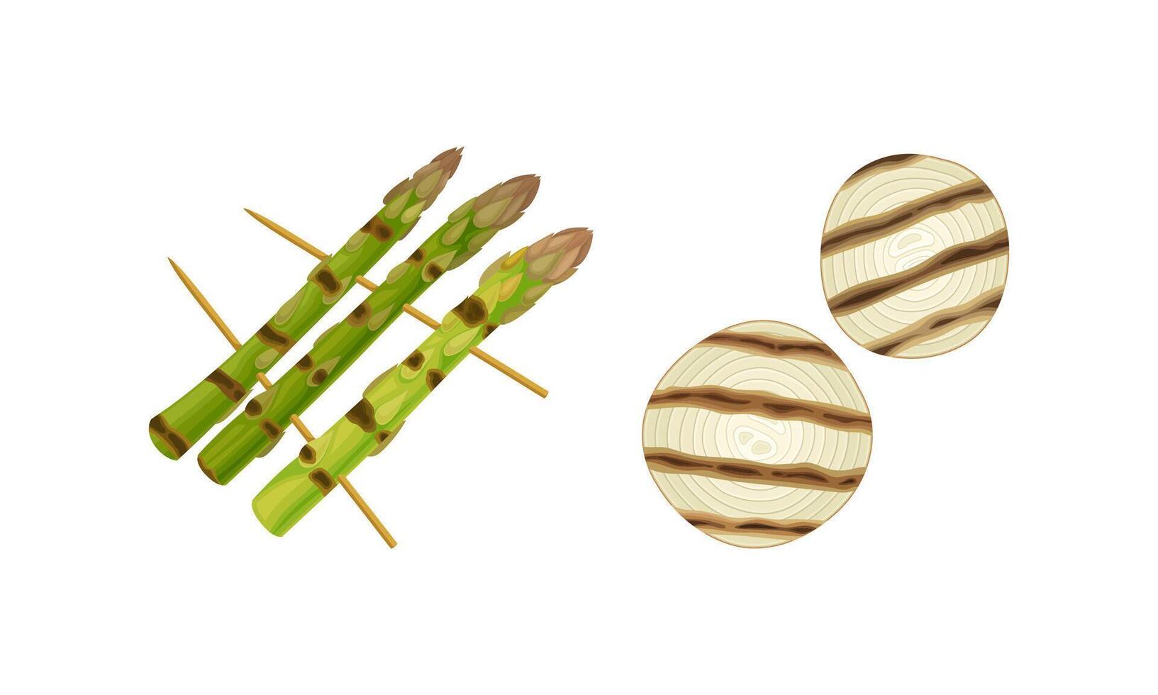 Grilled Onion and Asparagus as Cooked Food Set vector