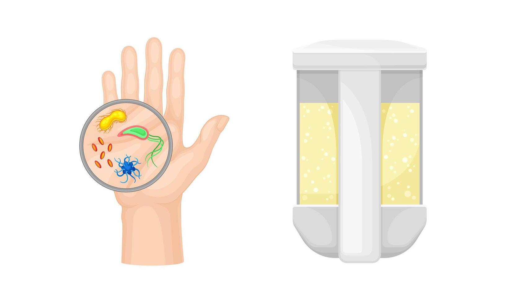 Bacteria and Microbes Examining Under Magnifying Glass on Hand and Soap Dispenser Set vector