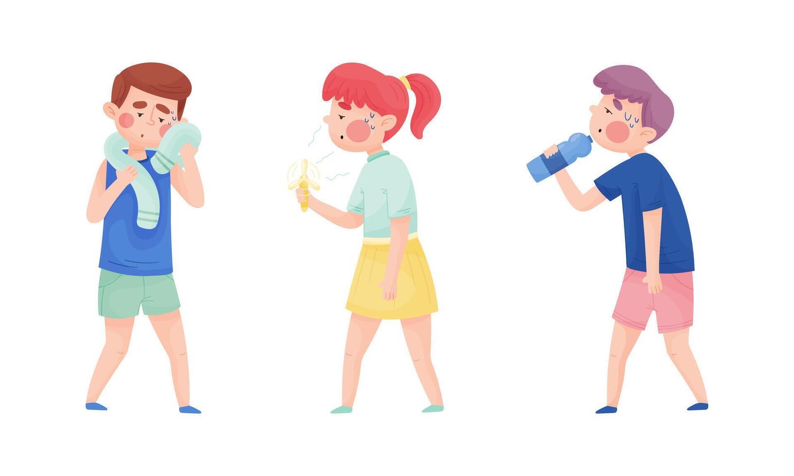 Young Sweating Man and Woman Suffering from Hot Summer Weather Drinking Water and Walking with Fan Set vector