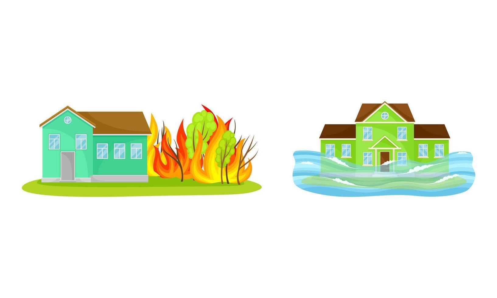 Natural Cataclysms with Flood and Wildfire Set vector