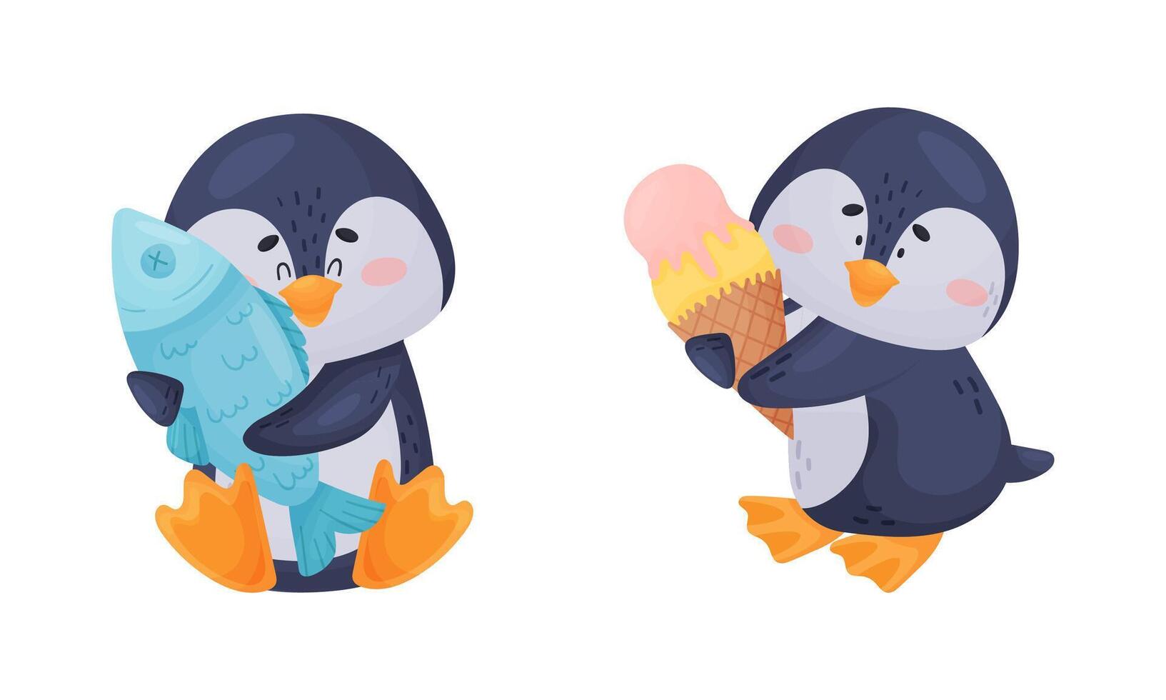 Cute Penguin Arctic Animal Holding Fish and Ice Cream Set vector