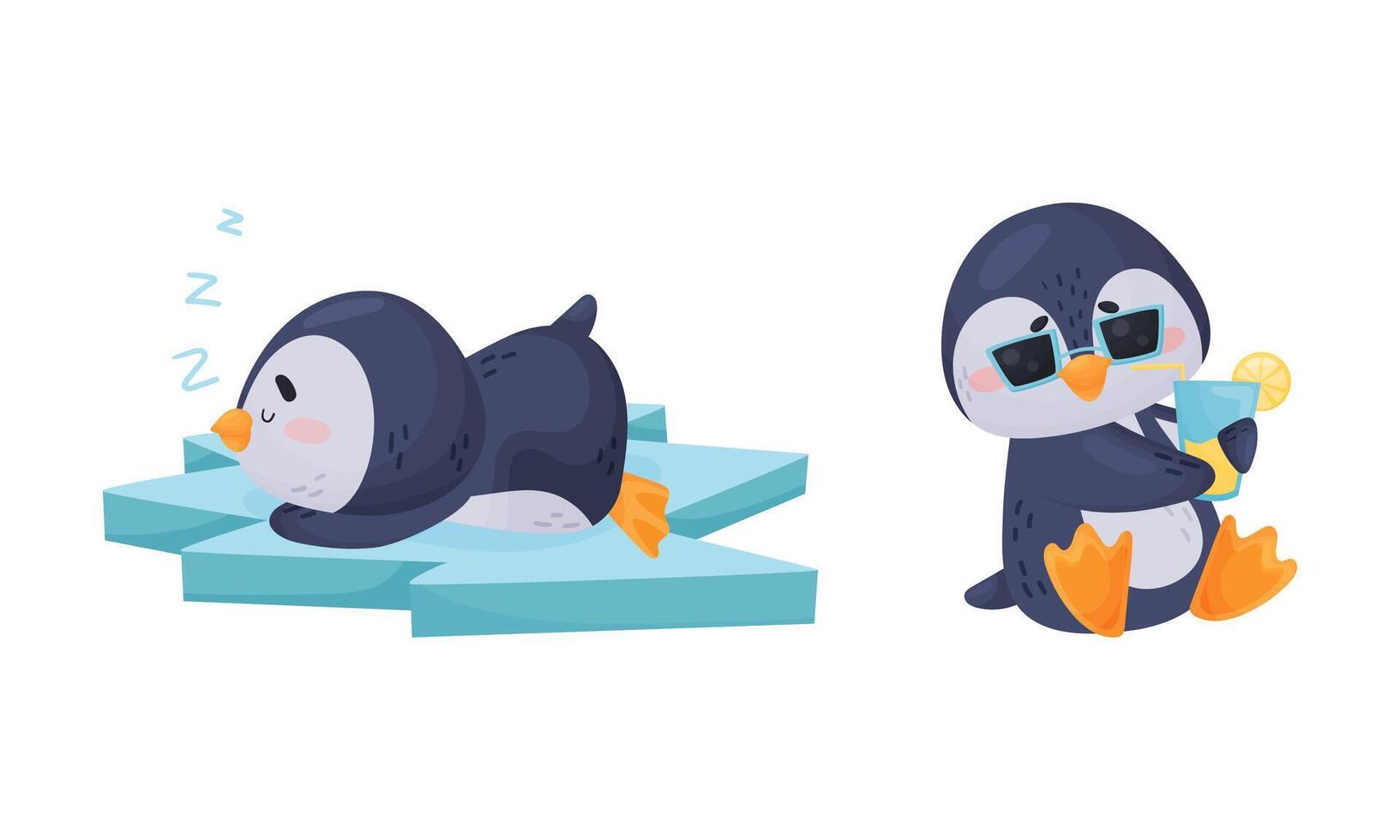 Cute Penguin Arctic Animal Drinking Cocktail and Sleeping on Ice Plate Set vector