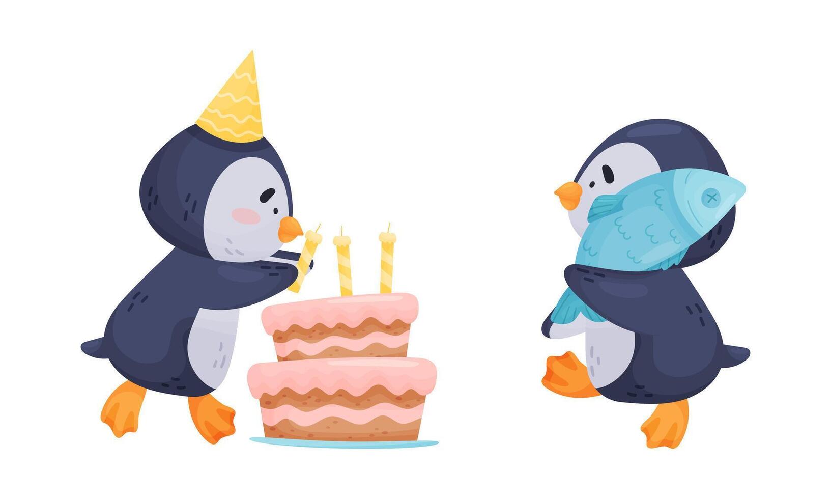 Cute Penguin Arctic Animal Carrying Fish and Putting Candles on Cake Set vector