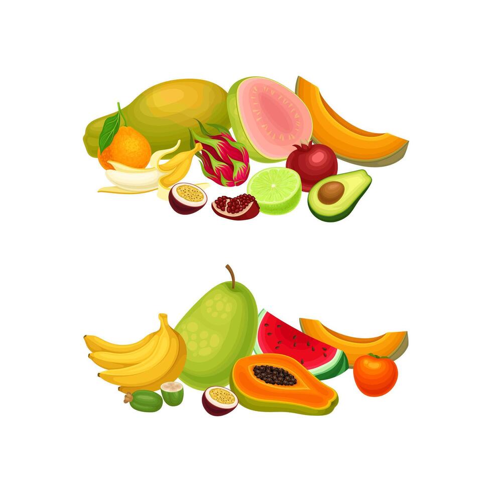 Pile of Bright and Juicy Tropical Fruit with Melon and Banana Set vector