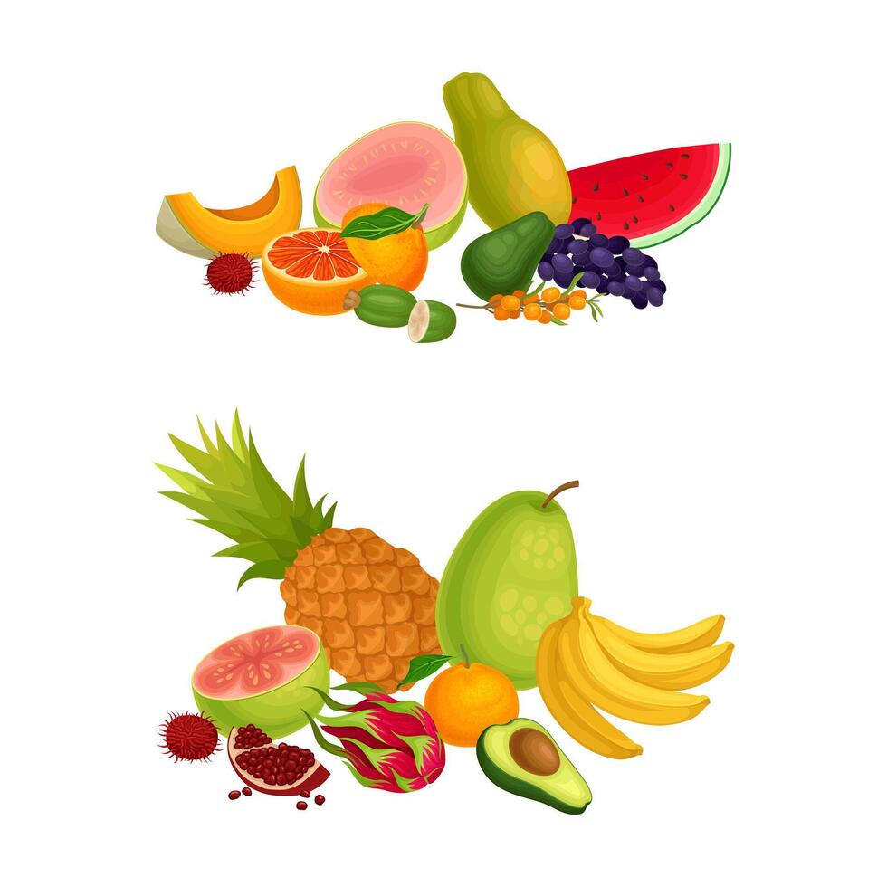 Pile of Bright and Juicy Tropical Fruit with Pineapple and Banana Set vector