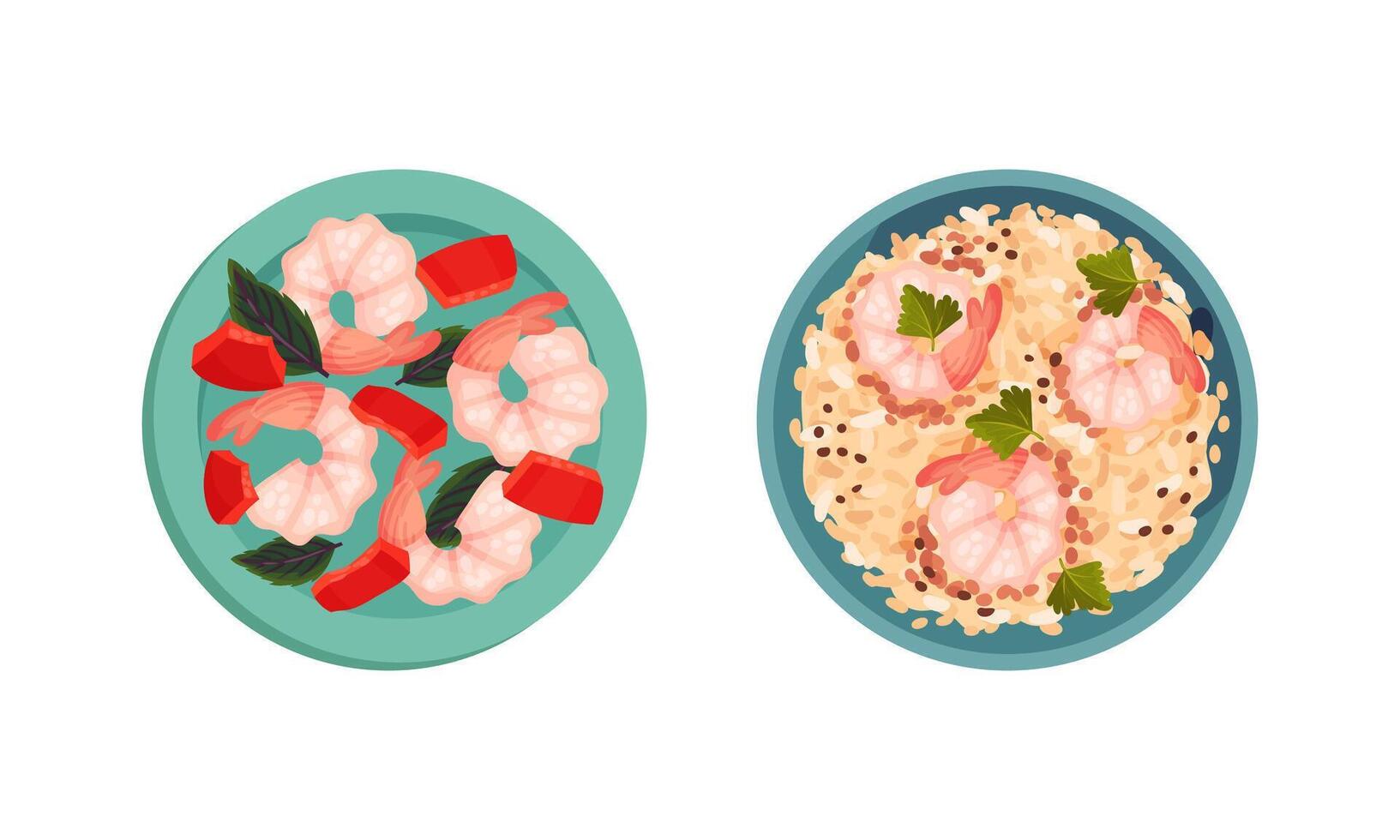 Boiled Shrimp and Rice with Prawn as Seafood Dish Above View Set vector