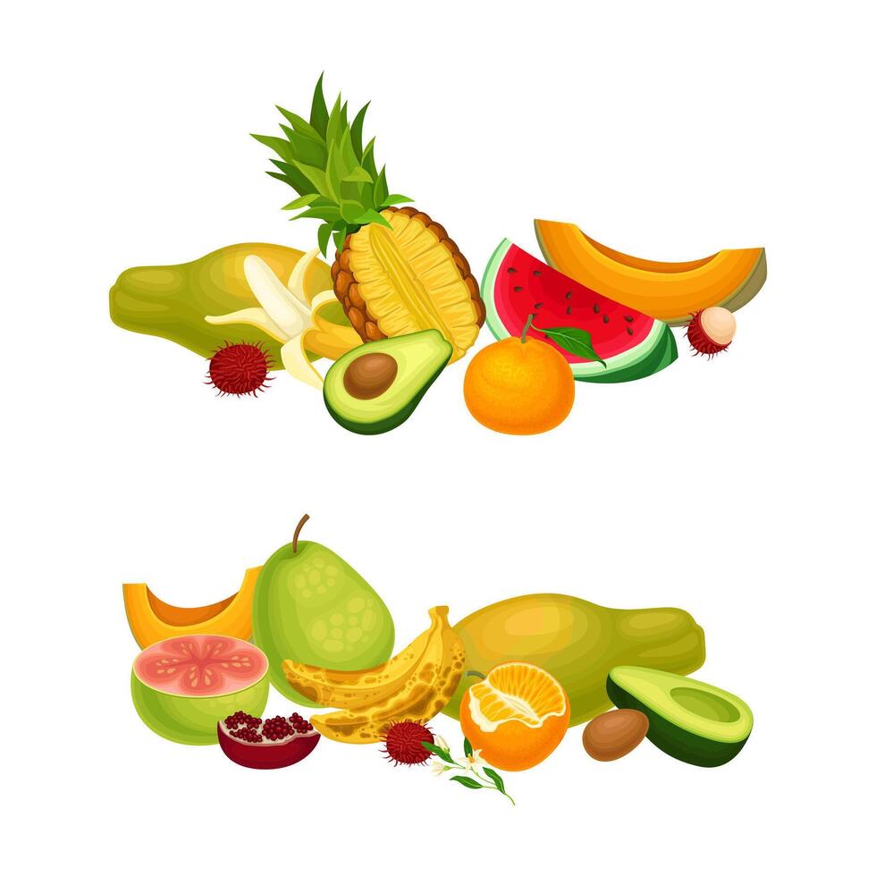 Pile of Bright and Juicy Tropical Fruit with Papaya and Pineapple Set vector