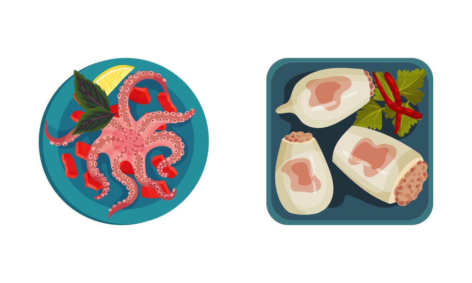 Stuffed Squid and Boiled Octopus as Seafood Dish Above View Set vector