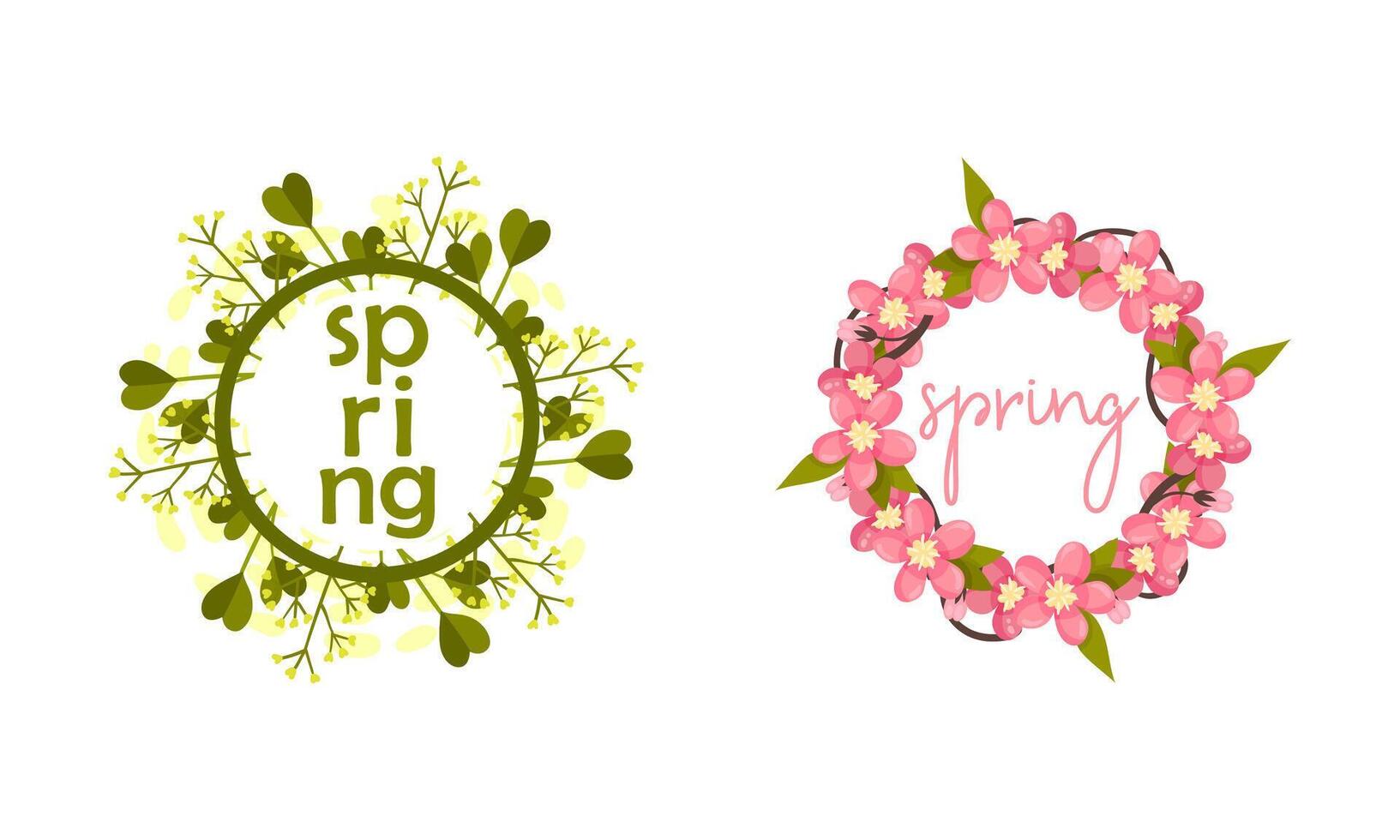 Spring Frame with Green Foliage and Blooming Pink Flowers Set vector
