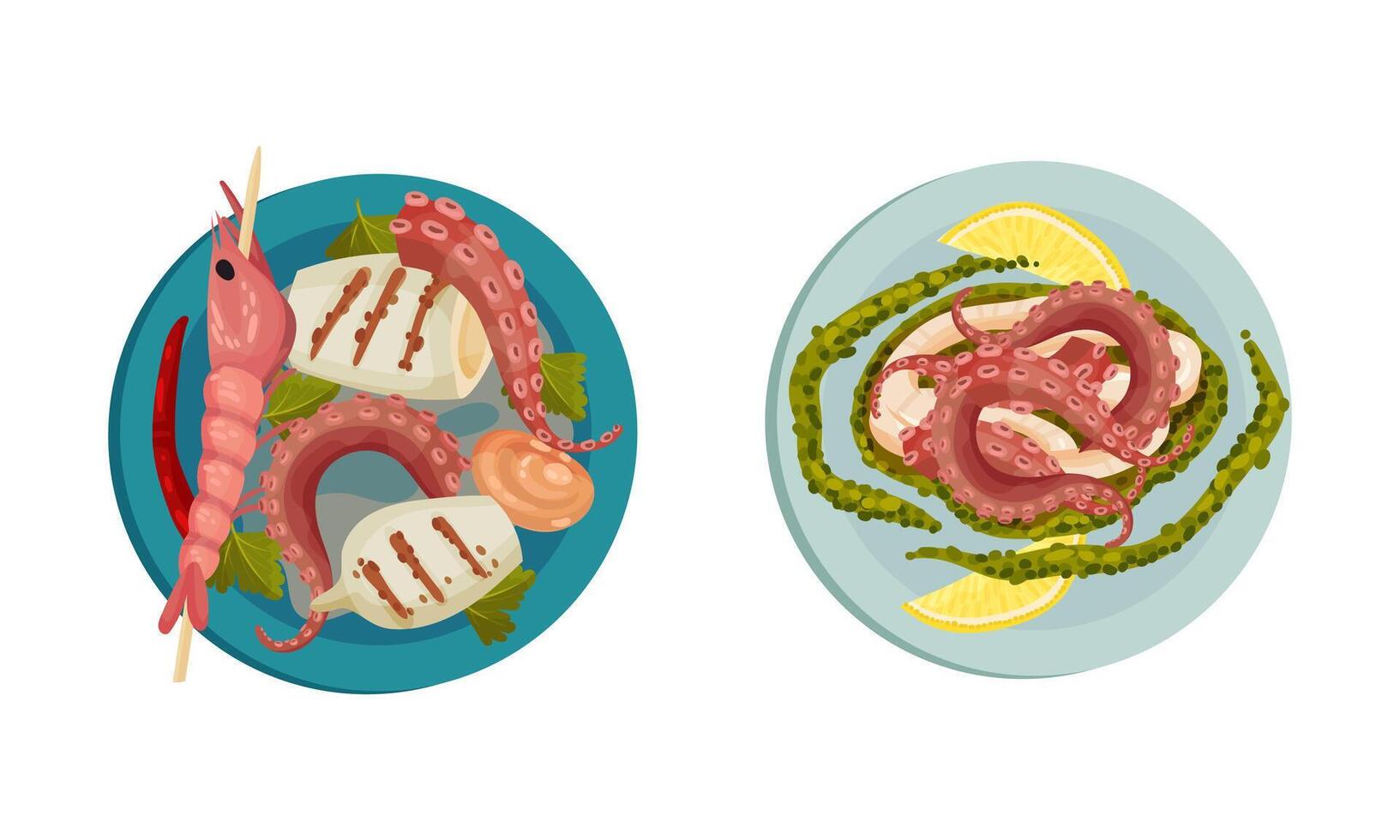 Cooked Octopus, Shrimp and Squid as Seafood Dish Above View Set vector