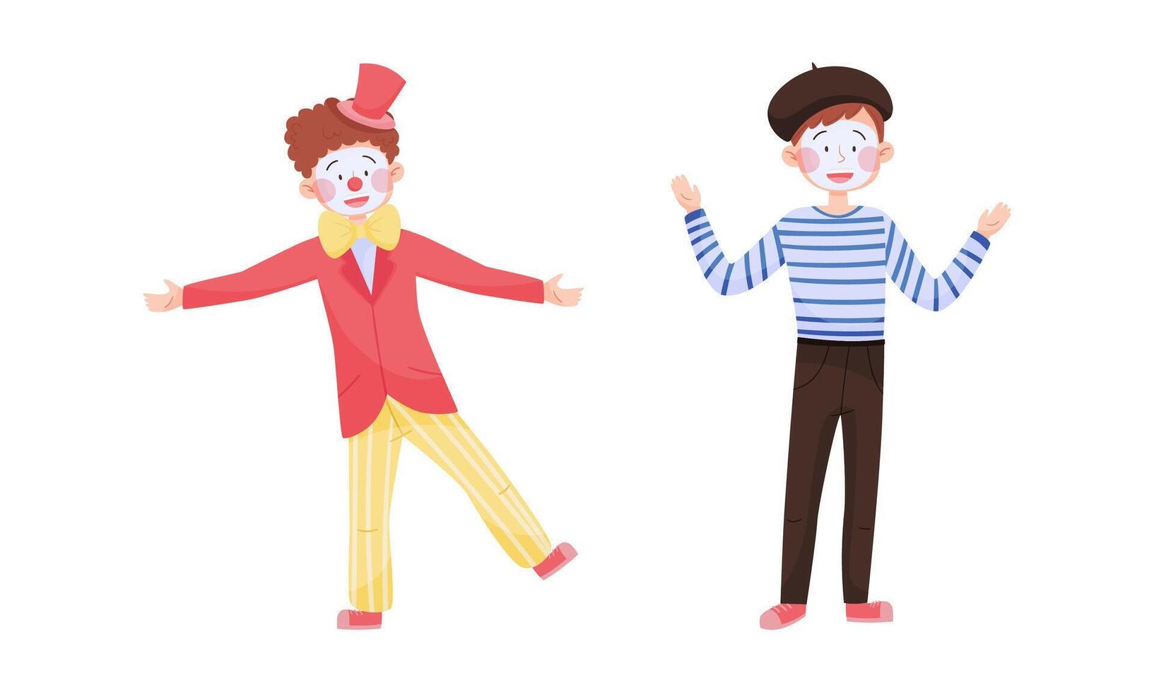Street Performance with Man Artist Making Pantomime Set vector