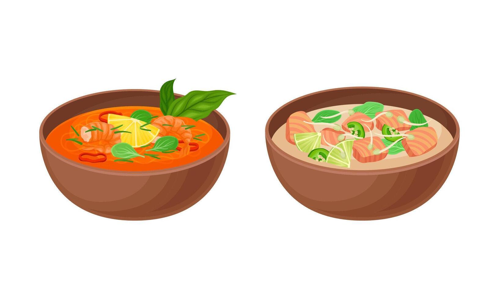 Appetizing Thai Cuisine Dish with Shrimp and Salmon Creamy Soup in Bowl Set vector