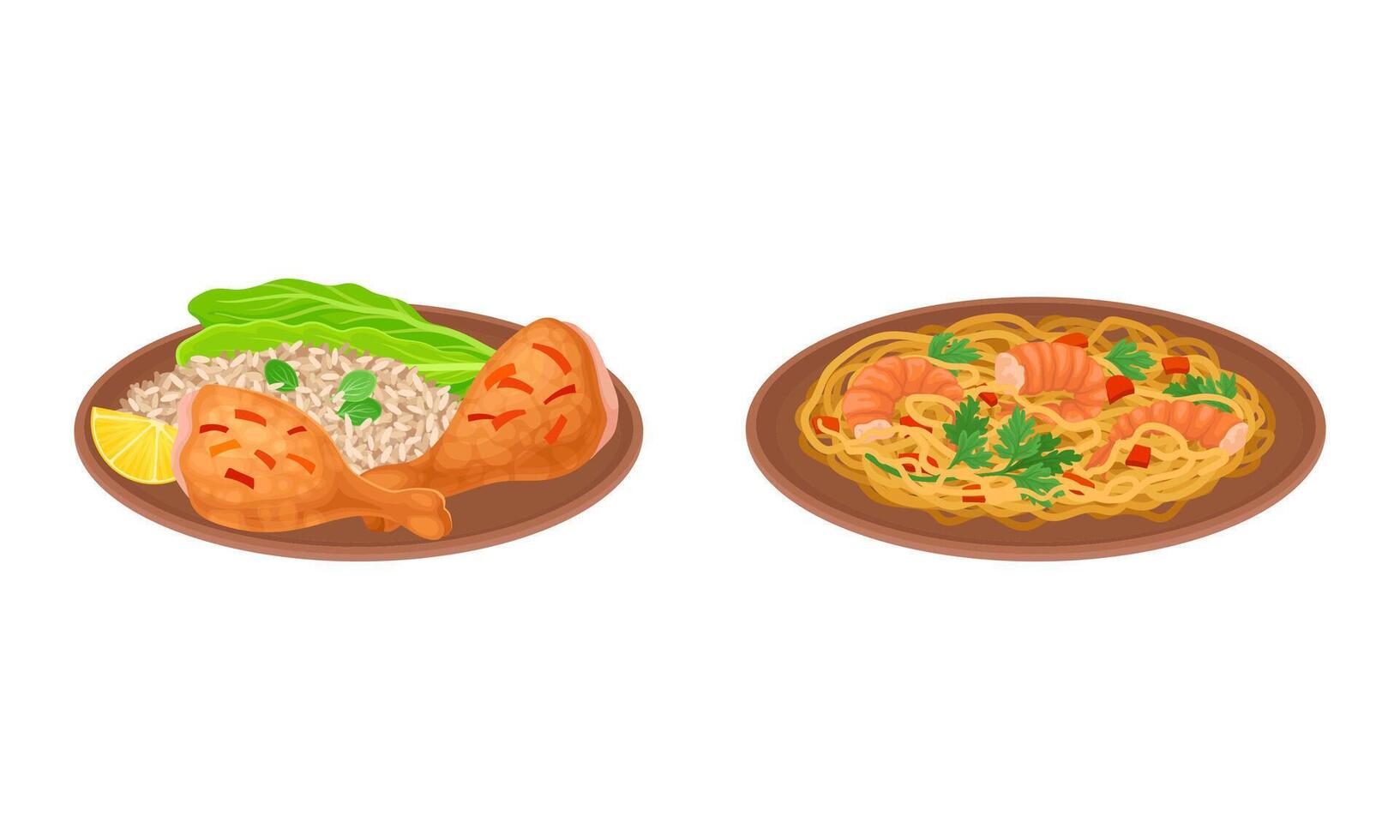 Appetizing Thai Cuisine Dish with Shrimp and Noodle Rested on Plate Set vector