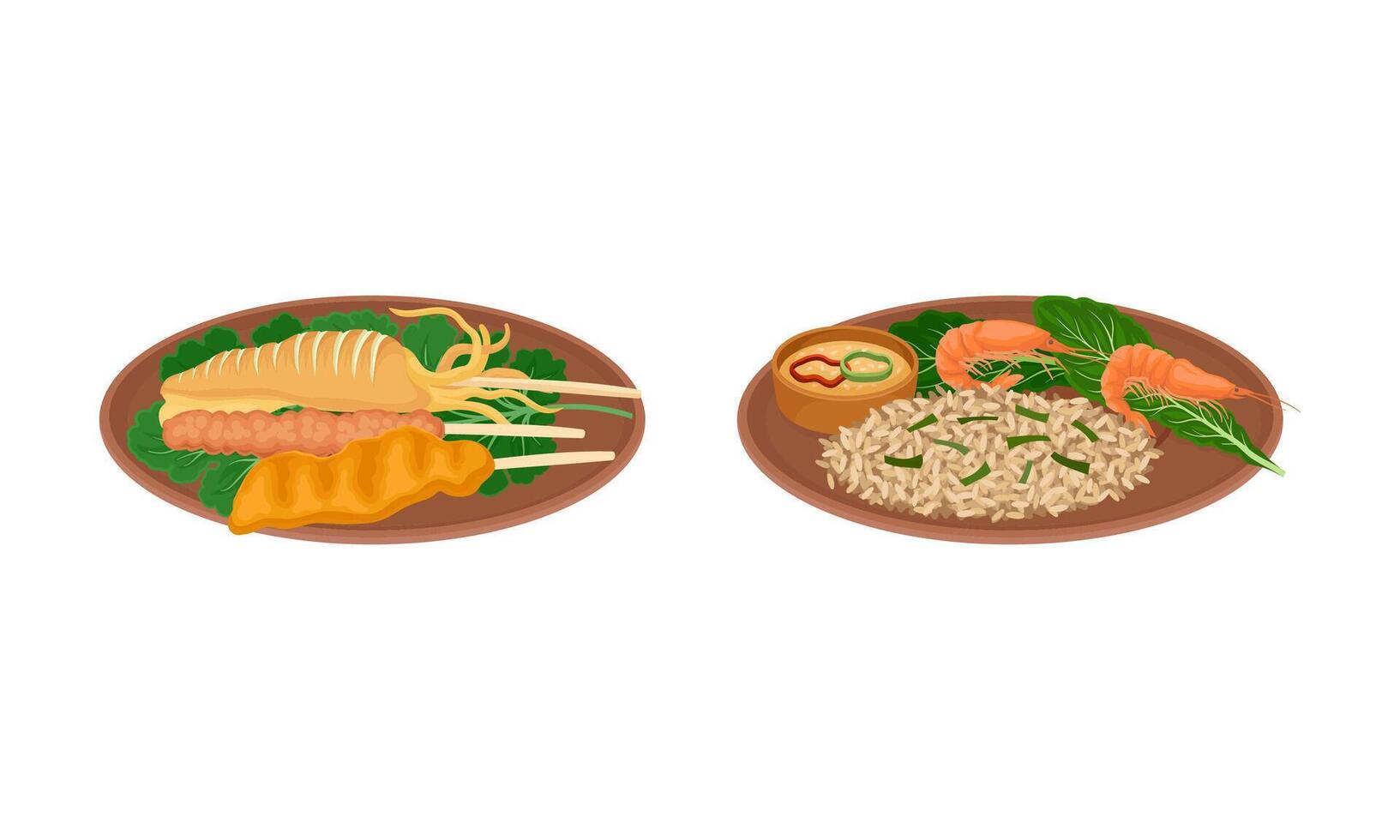 Appetizing Thai Cuisine Dish with Rice and Shrimp on Skewers Rested on Plate Set vector