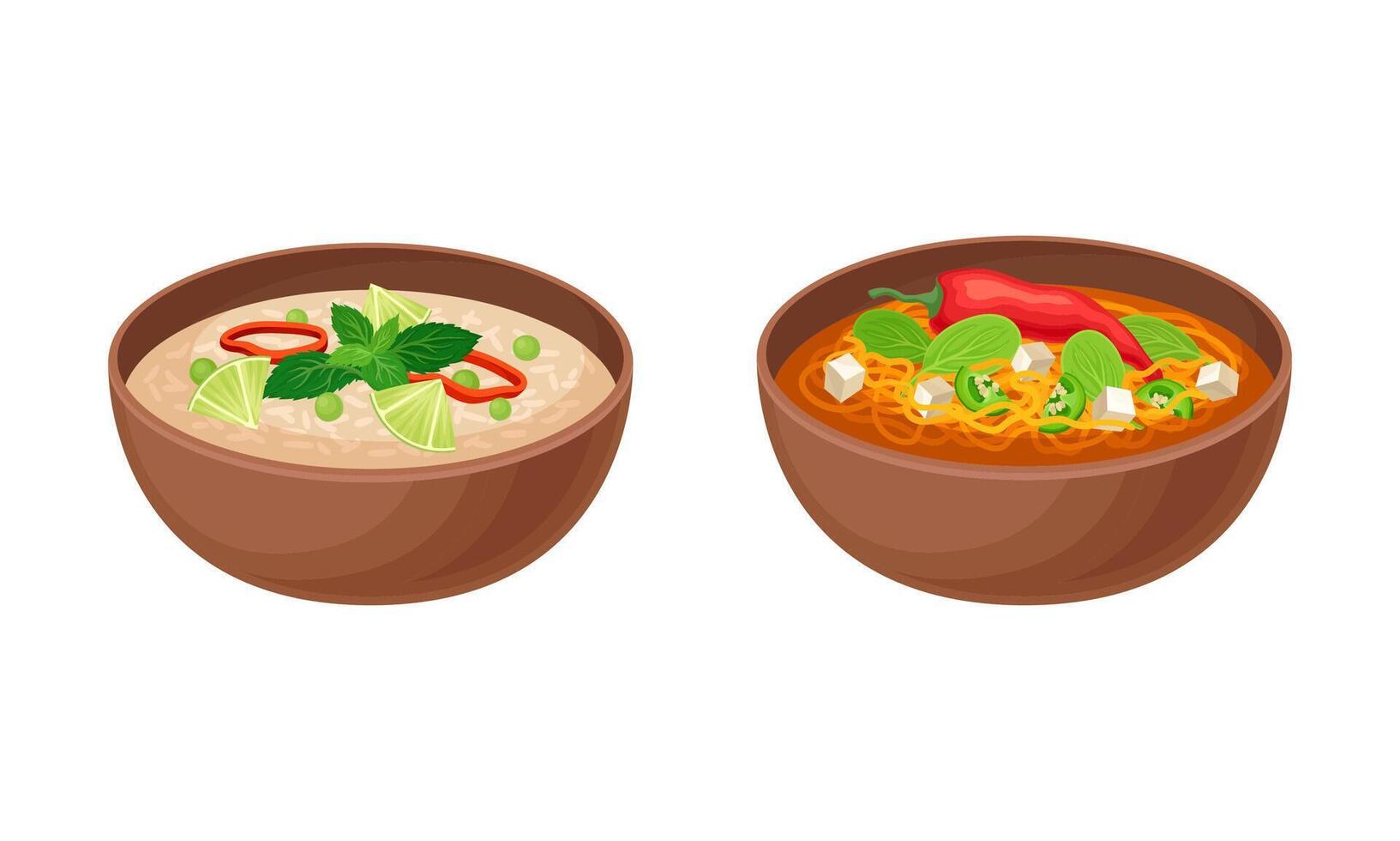 Appetizing Thai Cuisine Dish with Rice and Noodle Soup in Bowl with Vegetable and Potherbs Set vector