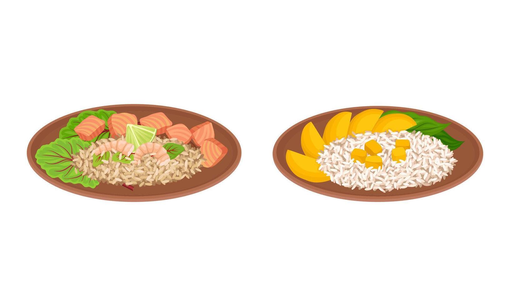 Appetizing Thai Cuisine Dish with Rice Served with Salmon Slab and Mango Set vector