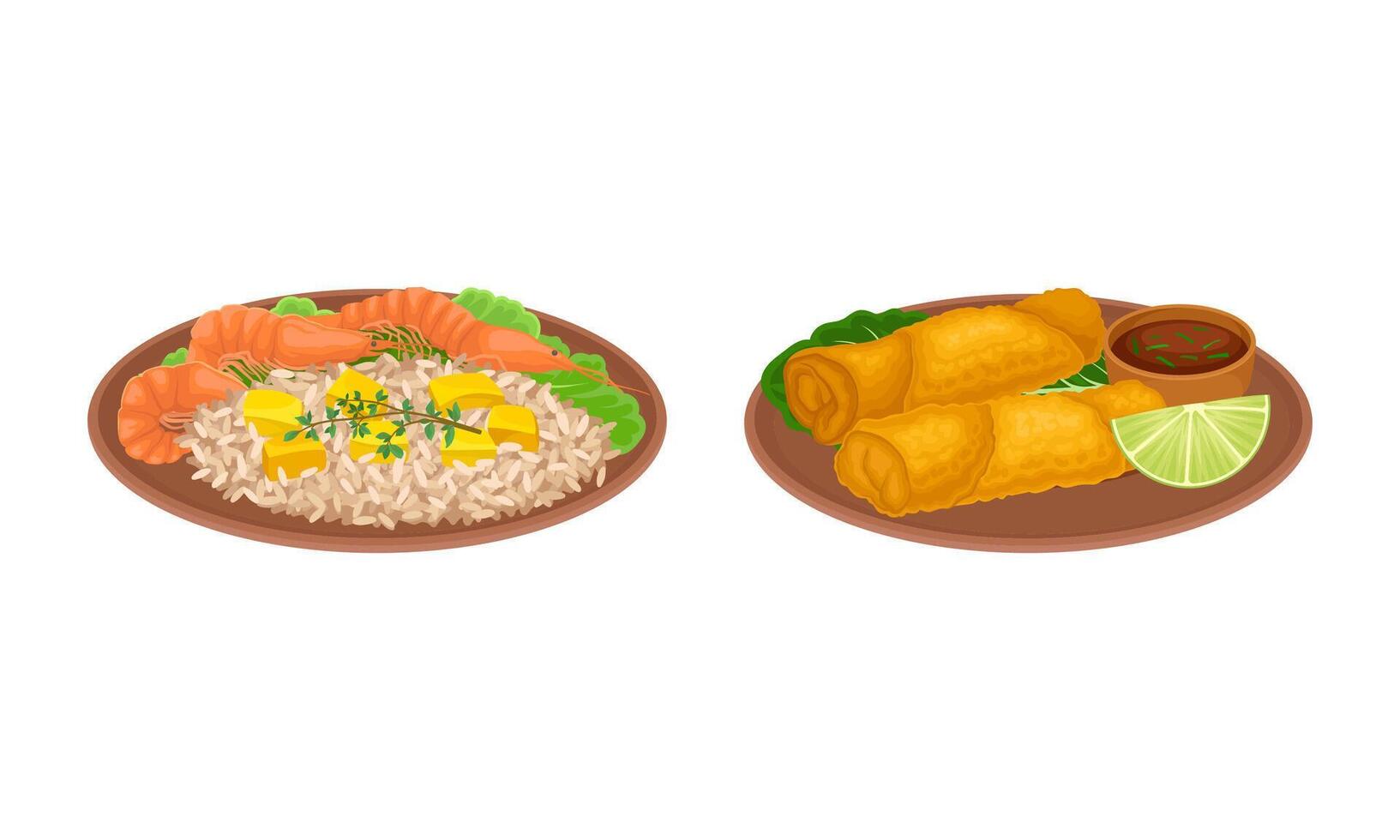 Appetizing Thai Cuisine Dish with Rice and Shrimp on Plate Set vector