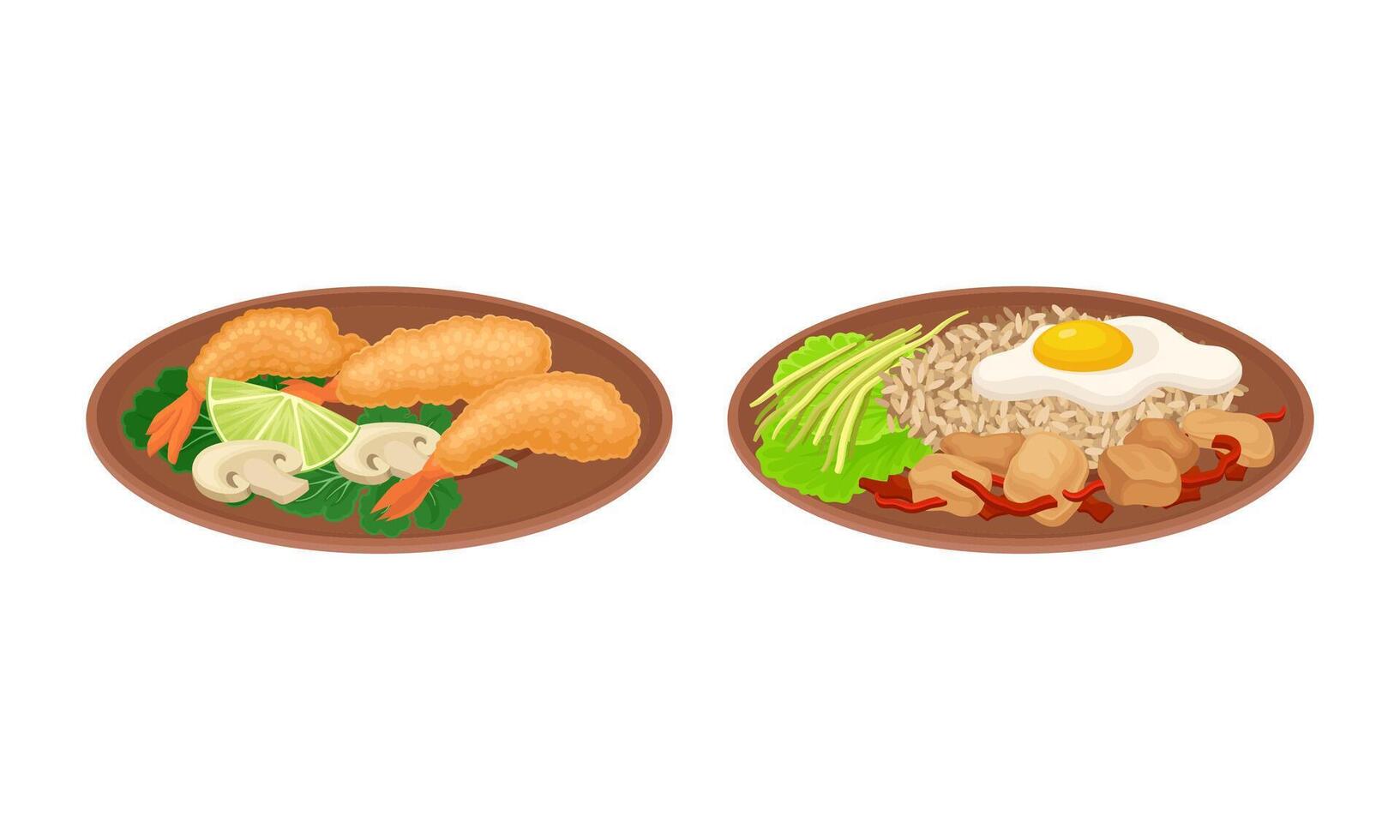 Appetizing Thai Cuisine Dish with Deep Fried Shrimp and Rice with Scrambled Egg on Plate Set vector