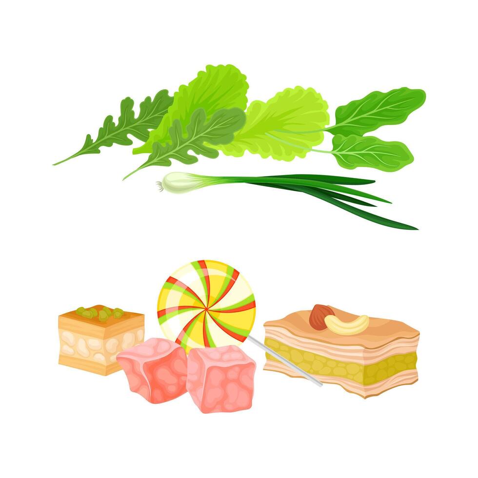 Green Vegetables with Lettuce Leaf and Confectionery with Candy and Turkish Sweet Set vector