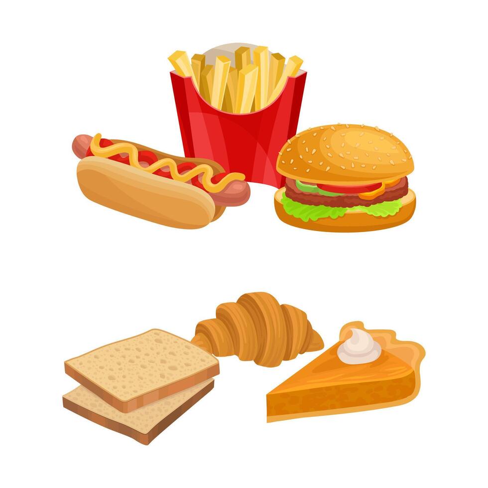 Fast Food with French Fries and Hot Dog and Pastry Item with Bread Slice and Pie Set vector