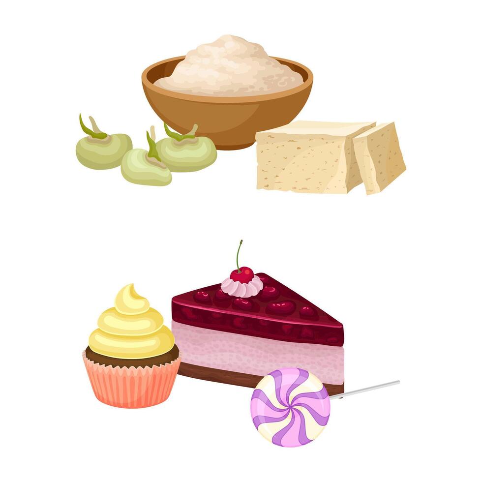 Soy Bean with Tofu Cheese and Confectionery with Cake and Candy Set vector