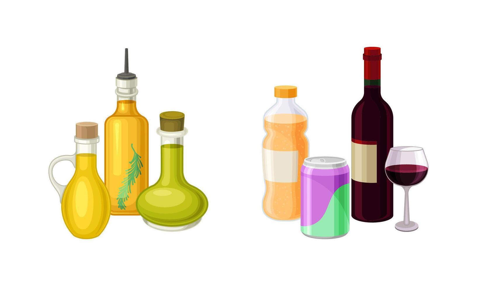 Vegetable Fat Oil in Glass Jar and Drink with Soda and Red Wine Set vector