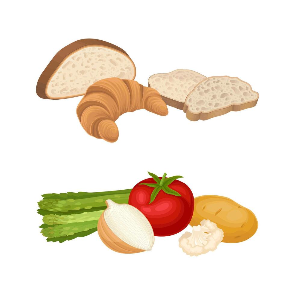 Whole-wheat Bread with Croissant and Vegetables Set vector