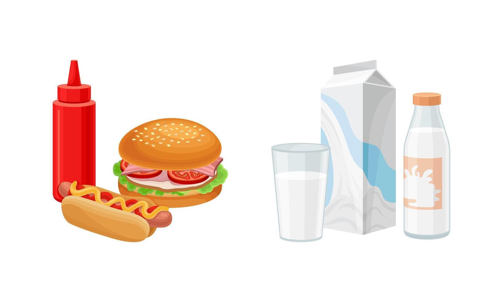 Fast Food with Hot Dog and Hamburger and Dairy Milk Foodstuff in Bottle and Carton Set vector