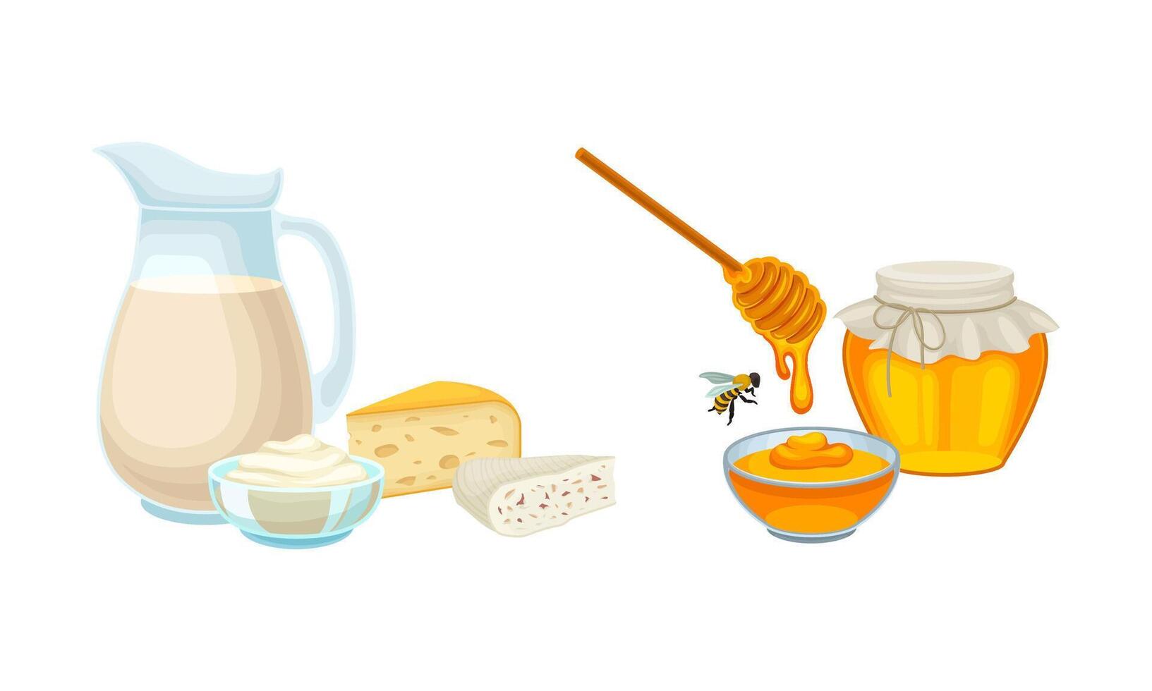Dairy Foodstuff with Milk and Cheese and Honey in Bowl with Dipper Set vector