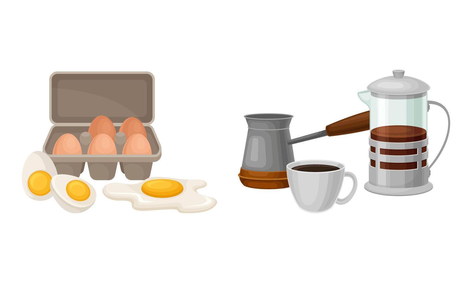 Eggs in Shell and Boiled with Brewed Coffee Drink in French Press and Jezve Set vector