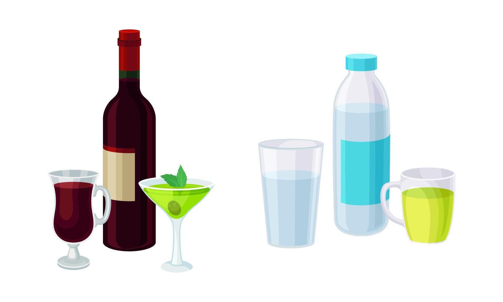 Alcohol with Red Wine Bottle and Still Water as Drink and Beverage Set vector