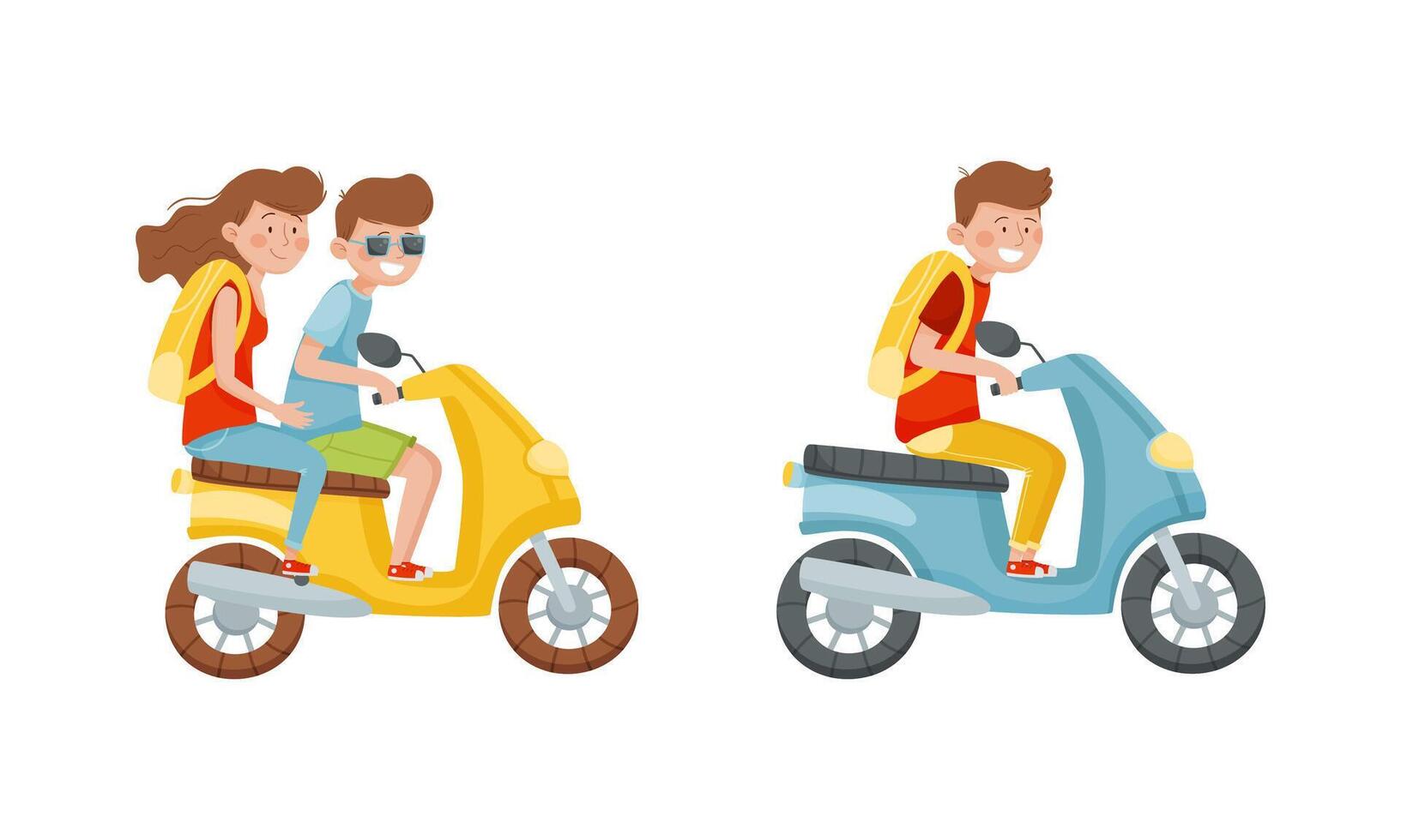 Young Man and Woman Tourist with with Backpack Riding Scooter Travelling on Vacation Set vector