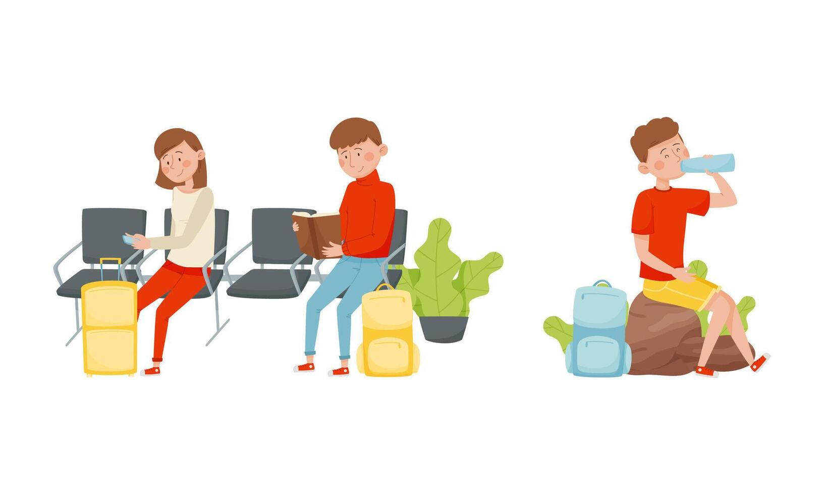Young Man and Woman Tourist with Luggage Sitting in the Airport and Trekking Travelling on Vacation Set vector