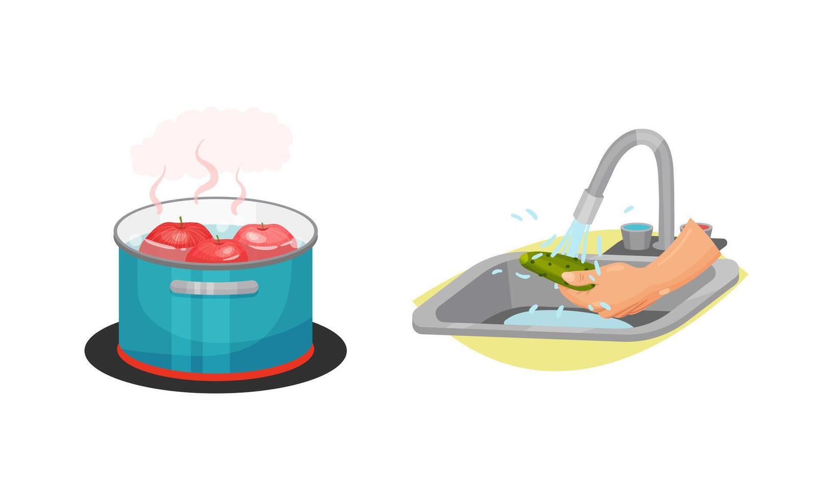 Washing Cucumber with Tap Water and Boiling Pot on Stove as Vegetable Cooking Process Set vector