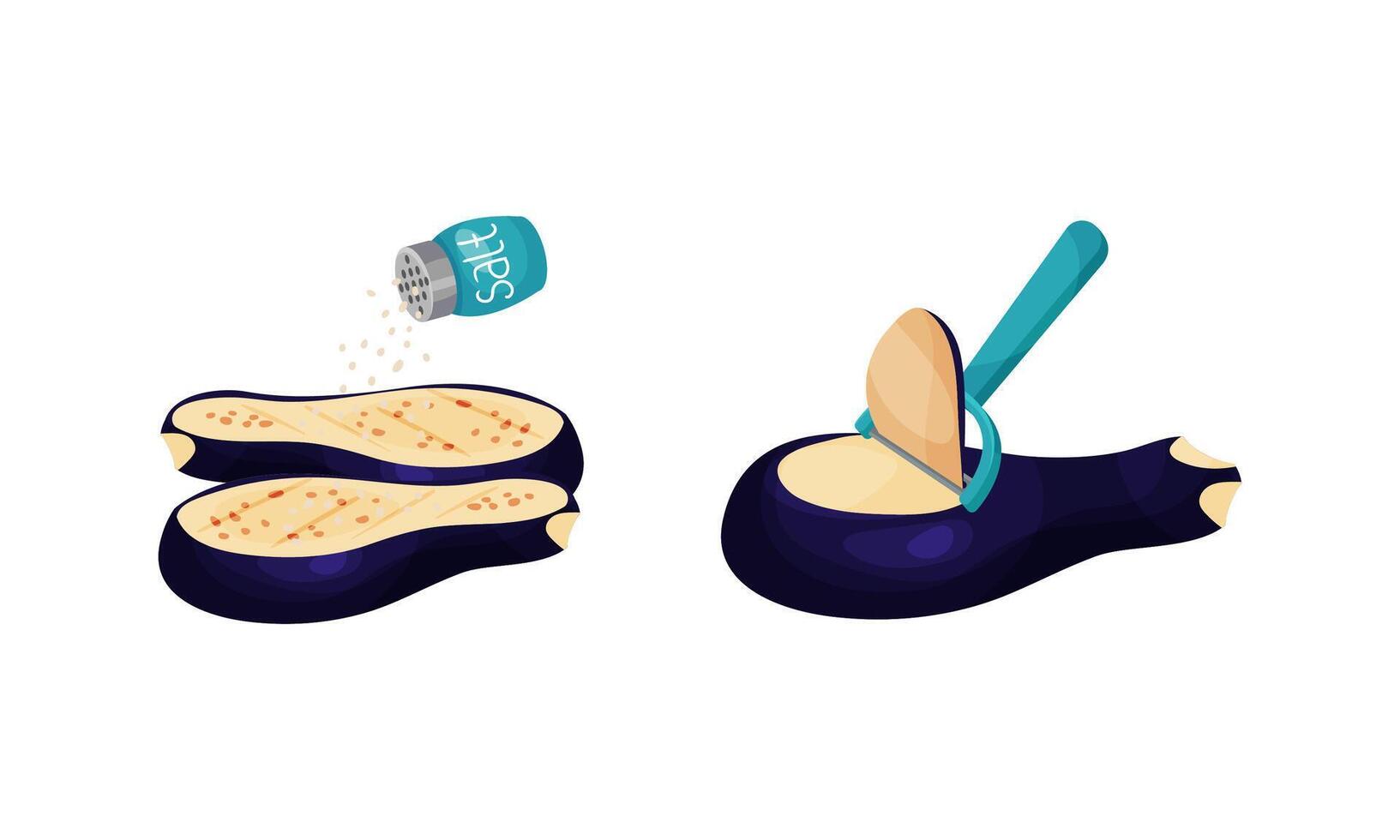 Eggplant Salting and Slicing with Knife as Vegetable Cooking Process Set vector