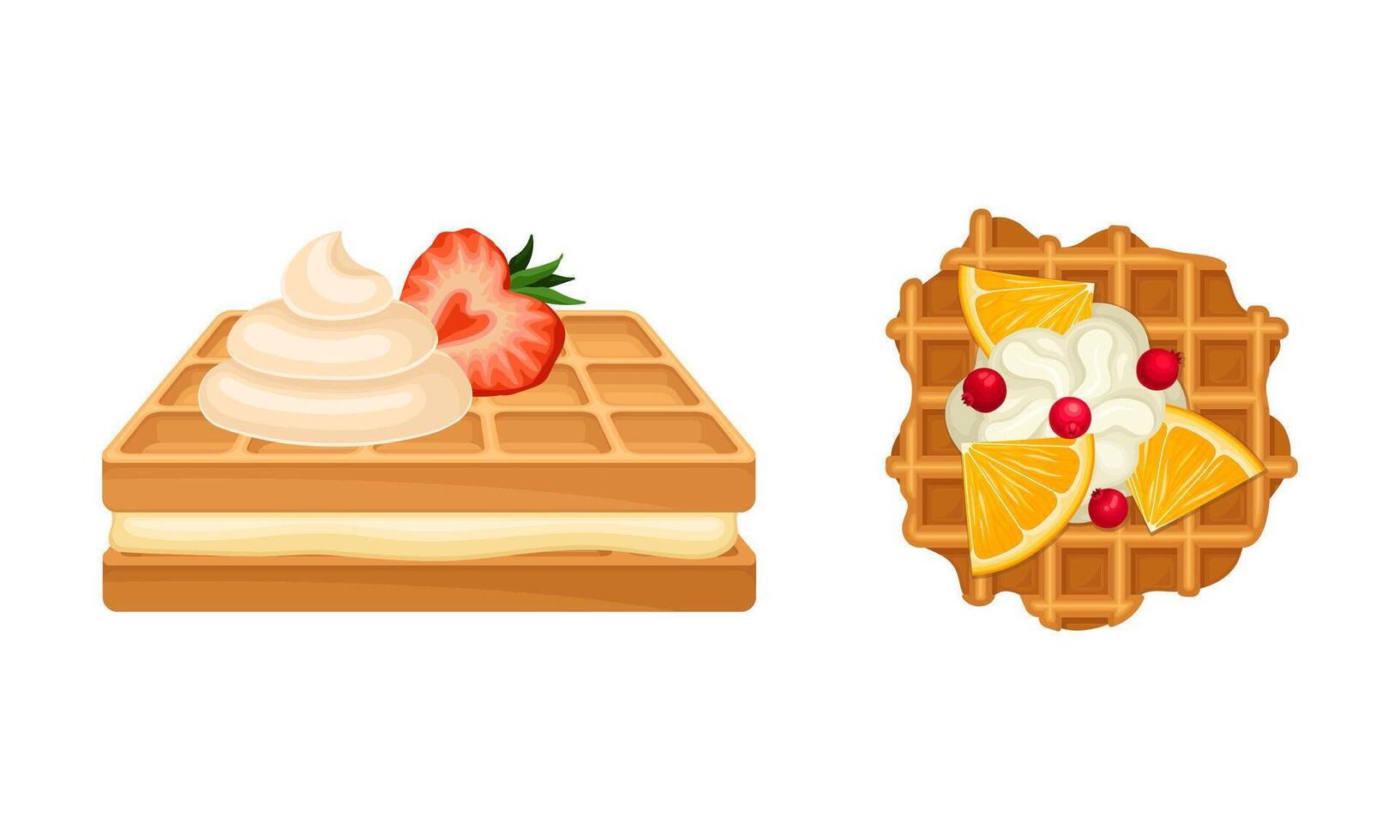 Waffle with Surface Impression Topped with Berry and Whipped Cream Set vector