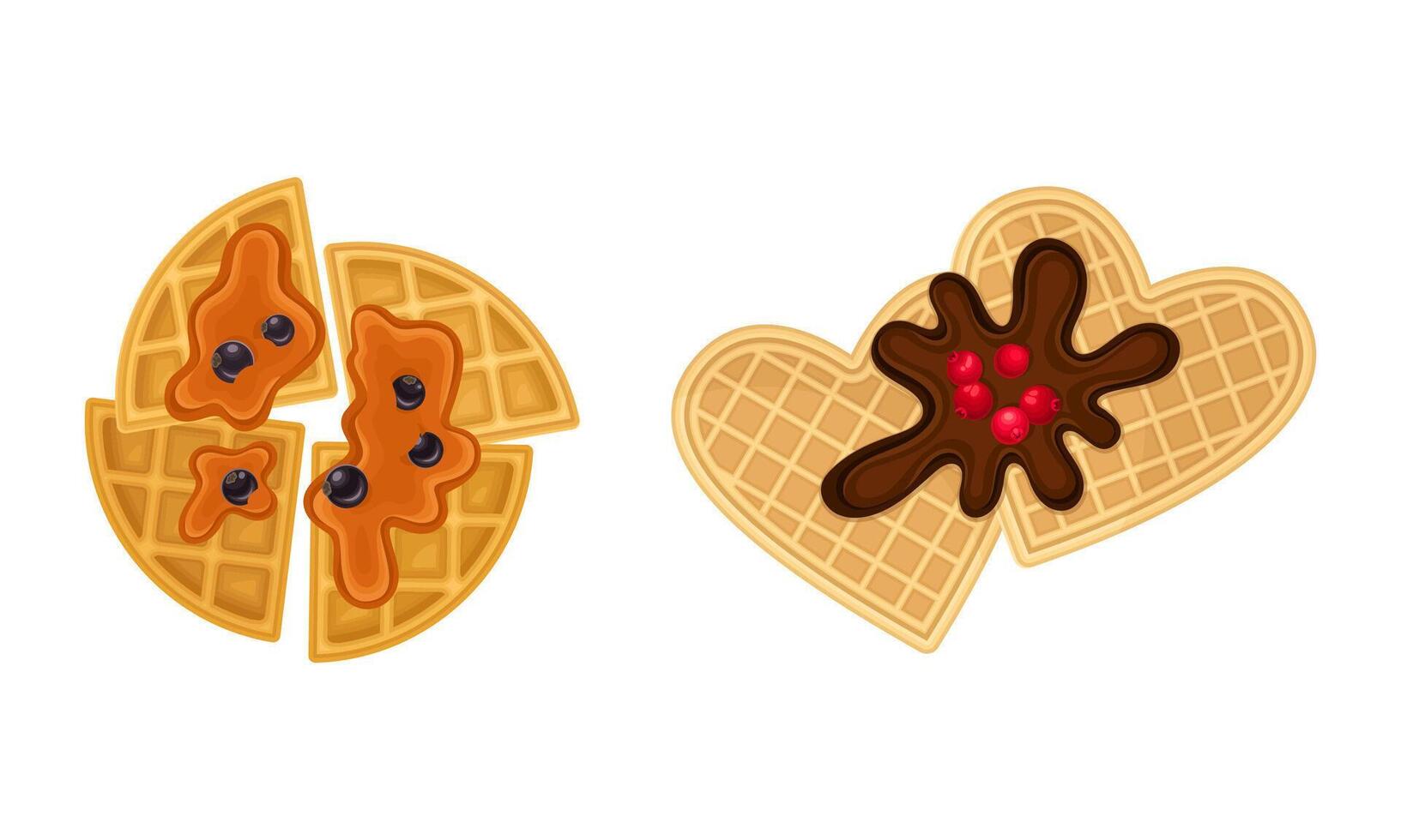 Waffle with Surface Impression Topped with Berry and Caramel Set vector