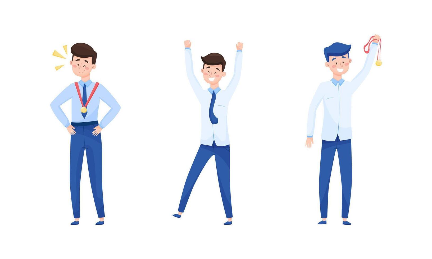 Excited Man Employee Cheering About Achievement and Prize Gaining Set vector